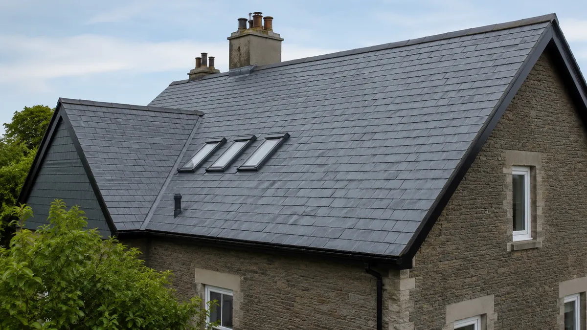 Natural slate roof with conservation rooflights on a stone house