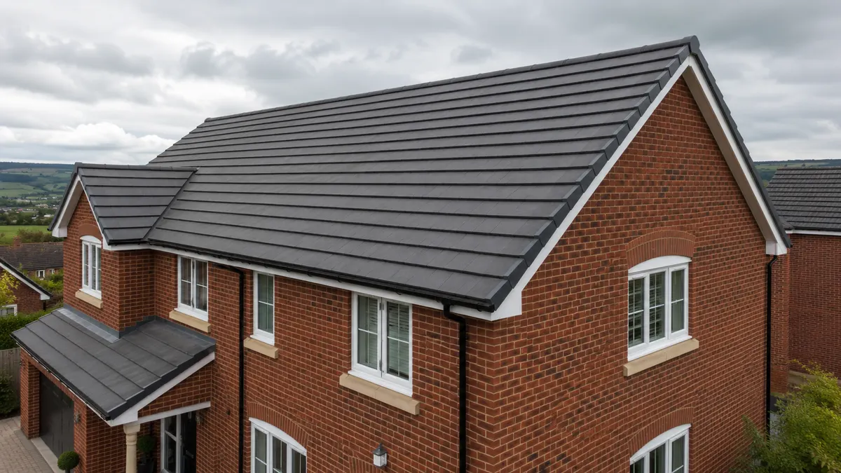 Finished grey interlocking tiled roof on a red-brick house