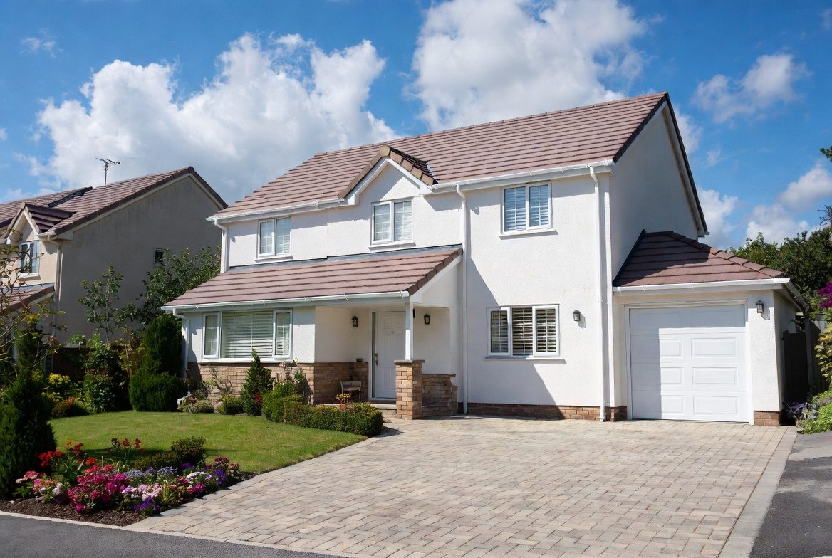 A clean detached UK home with freshly washed white render, roof tiles and a block-paved driveway on a bright day