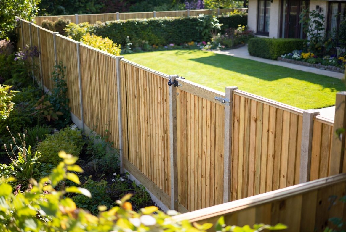 Newly installed closeboard timber fencing with concrete posts and gravel boards along a landscaped UK garden