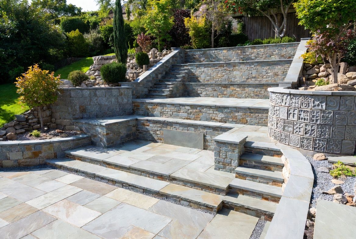 A multi-level landscaped garden with natural stone walling, steps and paving in a UK garden
