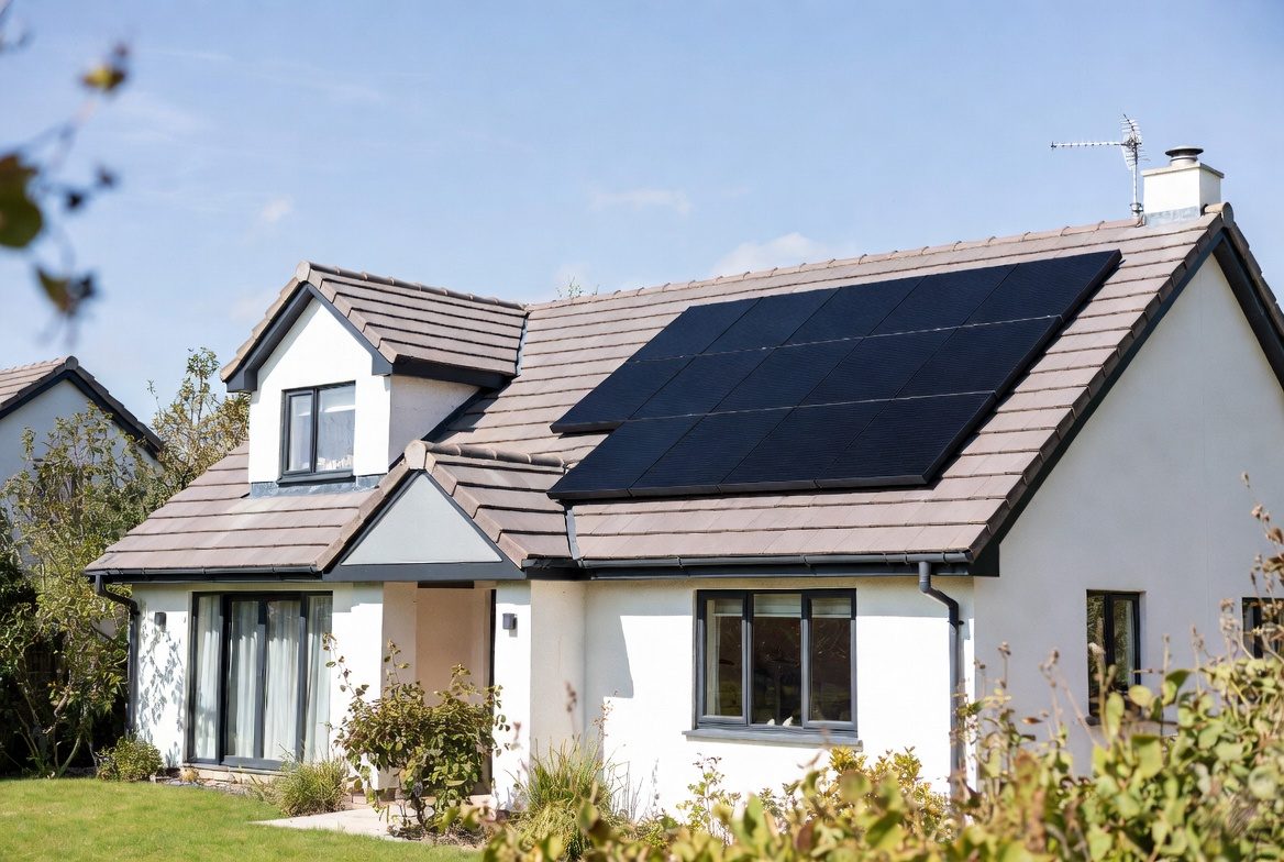 A UK home with roof-mounted solar panels on a bright sunny day